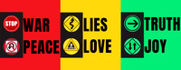 Red, Yellow, Green Sign: Stop War, Avoid Lies, Follow Truth.